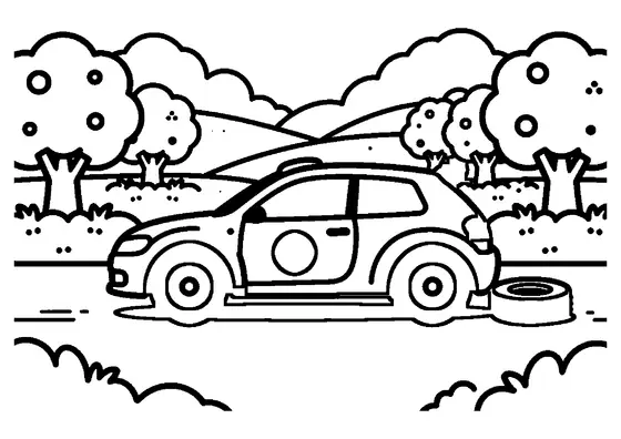 Un'auto hatchback da rally percorre una strada sicura in un frutteto, superando un fusto barriera, alberi da frutto ed erba.