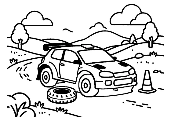 Grande auto da rally su un tornante in ghiaia con ruota di scorta, cono stradale, colline e alberi.
