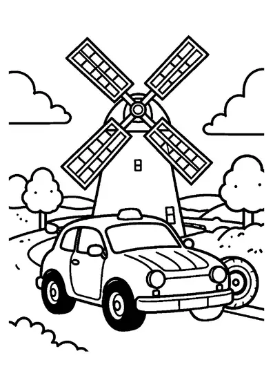 Ein klassisches Rallyeauto steht neben einer ländlichen Windmühle, einem großen Schutzfass und einem Ersatzrad.
