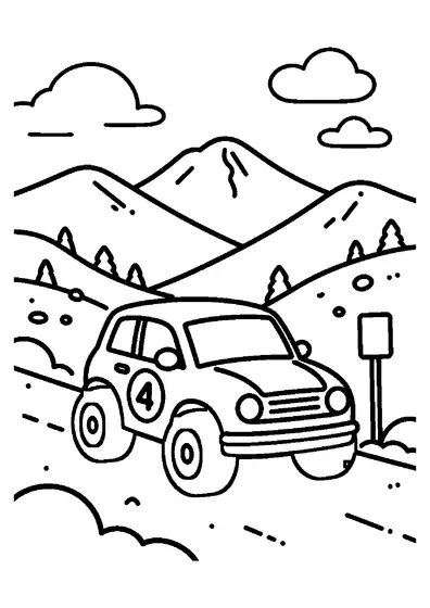 Auto compatta da rally su un passo innevato con un grande pneumatico, cono segnaletico, montagne, abeti e nuvole.