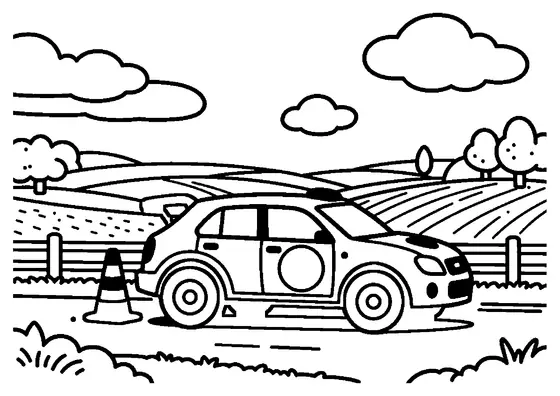 Berline de rallye à hayon près d’un cône et d’une roue, sur une route bordée de champs, d’une clôture, d’arbres, d’herbe et de grands nuages.