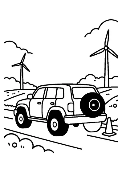 A rally notchback car on an open road with a tire and traffic cone against farmland windmills.