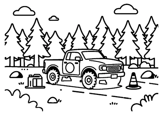 Un pick-up de rallye près d’un jerrican et d’un cône, sur une large piste entourée de pins, de pierres, d’herbe et de nuages.