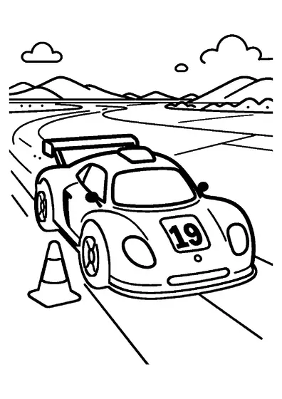 Prototype de rallye fictif sur une large route de sel, avec un cône, un pneu, des montagnes et d’immenses nuages.