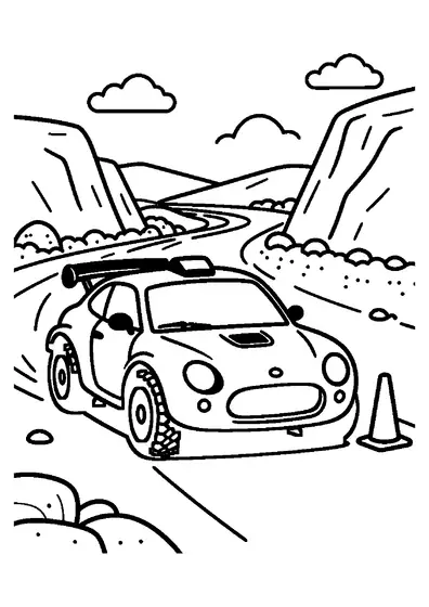 Un'auto da rally si trova vicino a una fossa di ghiaia con uno pneumatico di scorta e un cono stradale.