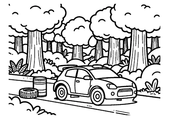 Une voiture de rallye fictive sur une large route bordée de séquoias, avec un tonneau, un pneu et d’immenses troncs d’arbres.