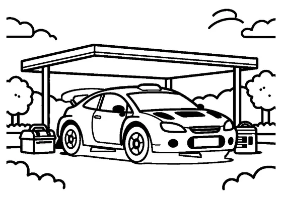 Une grande voiture de rallye près d’une caisse à outils et d’une roue, dans un parc d’assistance avec une tente, des arbres et des nuages.