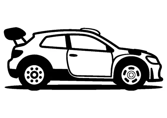 Rallycrossbil i sidovy, med breda sidosteg och bakspoiler.