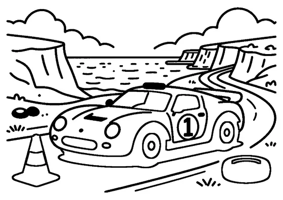 Bassa roadster da rally vicino a uno pneumatico e un cono su una strada costiera con scogliere, onde e nuvole.
