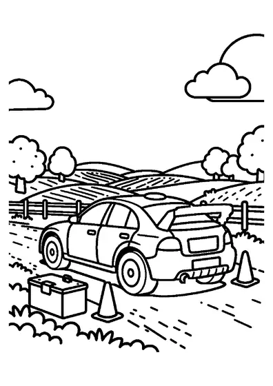 Una berlina da rally su una strada sterrata di campagna vicina a una scatola e un cono, con staccionata, alberi, erba e nuvole.