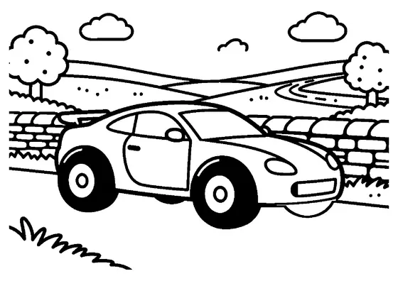 A sleek rally sprinter car beside a stone wall with a large tire and crash barrier along the track.