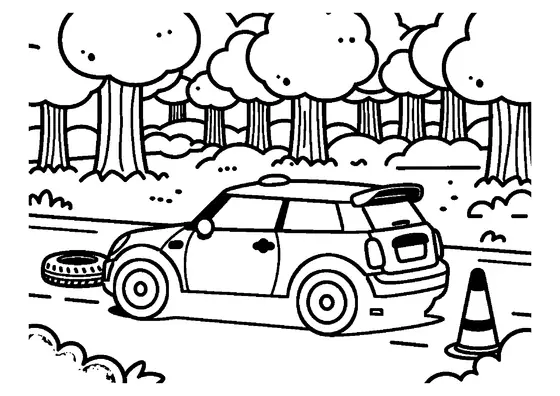 Ein Rallye-Kleinwagen steht mit einem Reifen und einem Leitkegel auf einem Waldweg zwischen großen Ahornblättern.