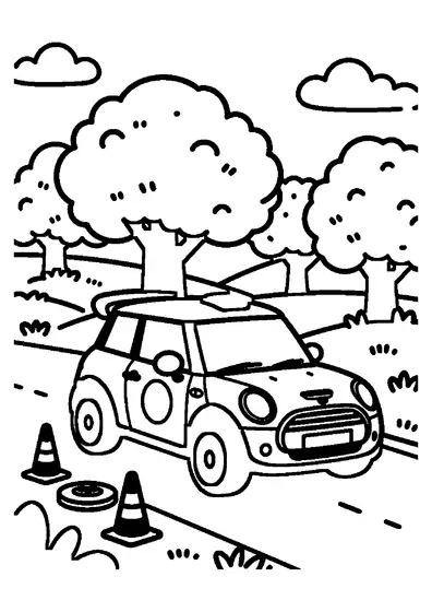 Petite voiture de rallye près de grands cerisiers en fleurs, avec des cônes de signalisation et une large route à colorier.