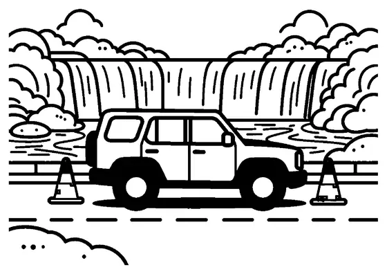 A rally SUV driving on a road near a waterfall with a traffic cone and large boulder nearby.