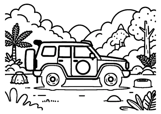 Grand SUV de rallye sur une piste forestière parmi les fougères, avec une botte de protection, un pneu, des arbres et des pierres.