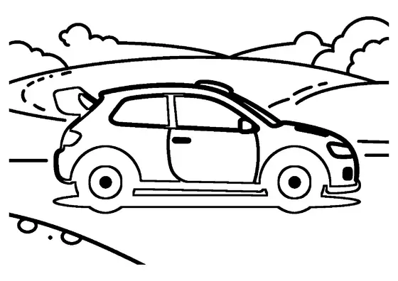Sportliches Rallyeauto von der Seite auf einer sanft welligen Strecke.