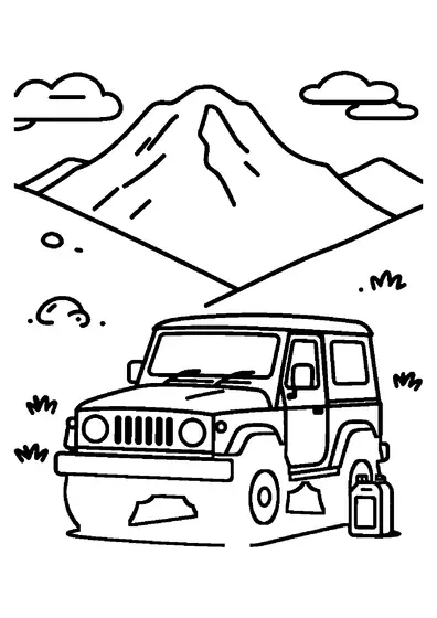Una jeep squadrata parcheggiata su un valico di montagna roccioso con cime e nuvole sullo sfondo.