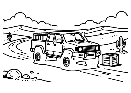 Un pickup fuoristrada con ruote grandi percorre un sentiero tra dune di sabbia e cactus.