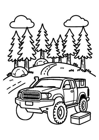 Un potente pickup fuoristrada fermo lungo un sentiero nel bosco sotto alti pini e nuvole.