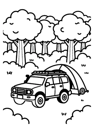 Un camion fuoristrada da spedizione parcheggiato accanto a una tenda in una radura circondata da grandi alberi.