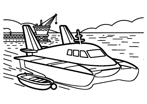 A large seaplane is moored at a floating base beside a wide maintenance raft and a buoy.