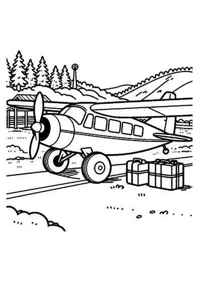 A light utility plane stands on a forest airstrip beside fuel cans and a large crate.