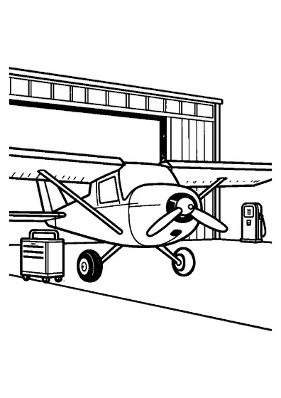 Un pequeño avión deportivo monomotor visto de frente fuera de un hangar abierto.