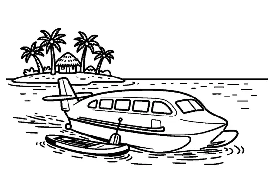 Ein modernes Wasserflugzeug schwimmt neben einer sandigen Insel mit Palmen auf dem Meer.