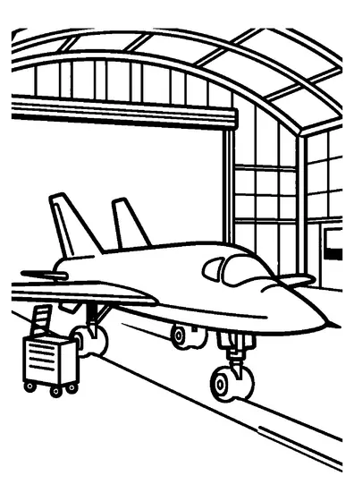 Un avion militar modern este parcat într-un hangar spațios, lângă un cărucior mobil cu scule.