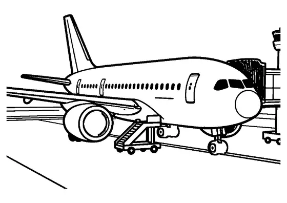 Un avion de pasageri staționează pe platforma aeroportului, lângă o scară mobilă de îmbarcare și un cărucior de bagaje.