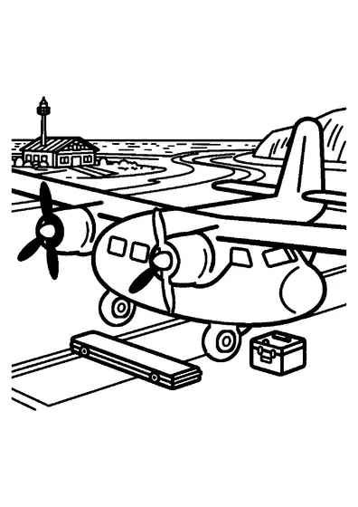 A rescue plane stands on a coastal airstrip beside a stretcher and a crate of emergency equipment.