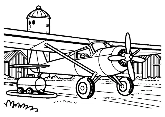 Un avión de fumigación agrícola estacionado junto a un tanque de pulverización y un granero.