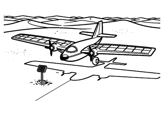 Ein modernes Flugzeug mit Solarmodulen fliegt über eine sandige Wüste.