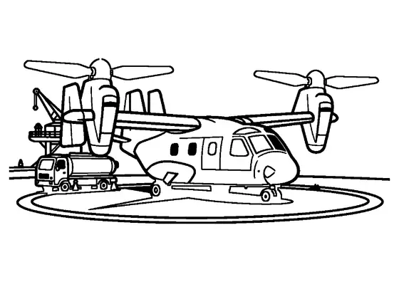 Ein Kipprotorflugzeug mit nach oben gerichteten Rotoren steht auf einer Landeplattform im Meer.