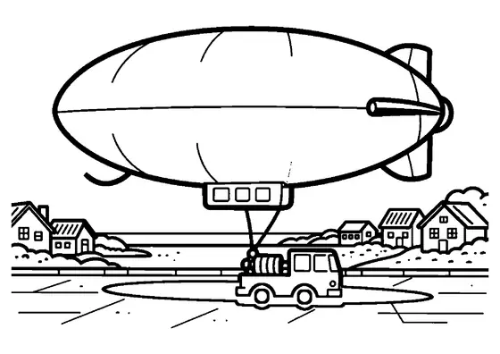 Ein großer Aussichtszeppelin schwebt über Häusern und der Küste eines Ferienortes.