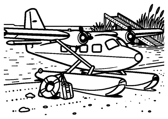 Ein Wasserrettungsflugzeug steht am Ufer eines Sees neben einem Steg.