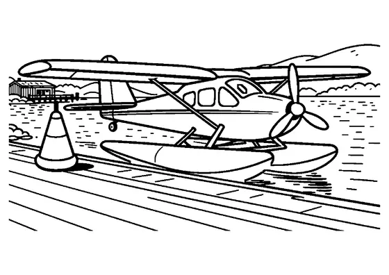 A racing seaplane on floats waits at a marina beside a starting buoy and a wide dock.