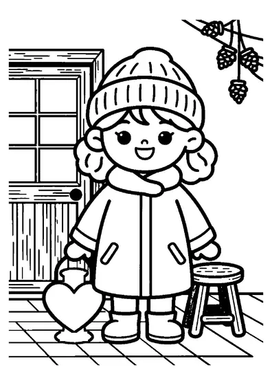 Una niña con abrigo y gorro de invierno sostiene un farol con forma de corazón en el porche de una casa rural.