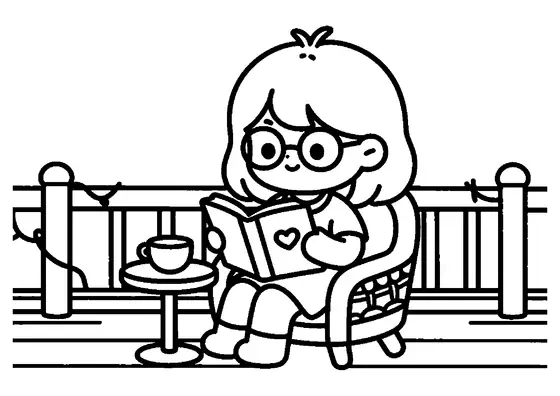 Una bambina seduta su una poltrona di vimini legge un libro aperto con un segnalibro a forma di cuore.