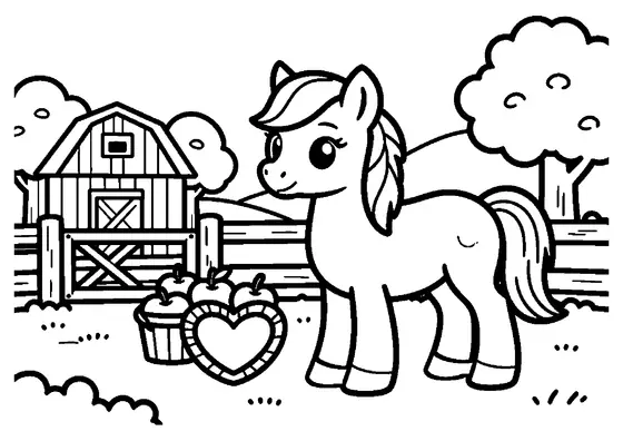 Poni sonriente junto a una cesta de mimbre en forma de corazón llena de manzanas, en el patio de una granja.