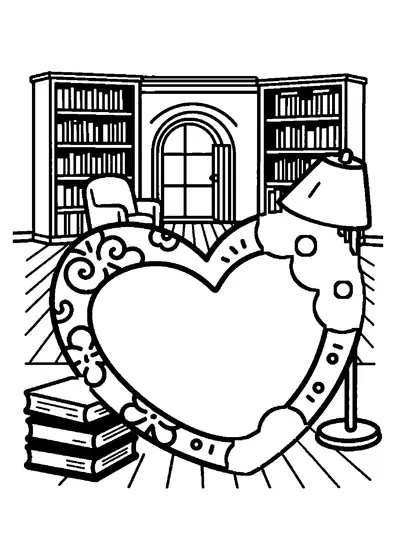Un coussin à motifs en forme de cœur près de livres, dans un coin lecture de la bibliothèque.