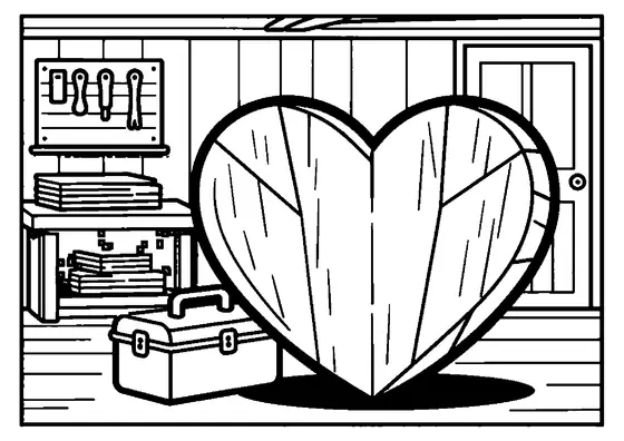 Un cœur en bois aux sections géométriques se dresse près d’une boîte à outils et d’une planche dans un atelier de menuiserie.