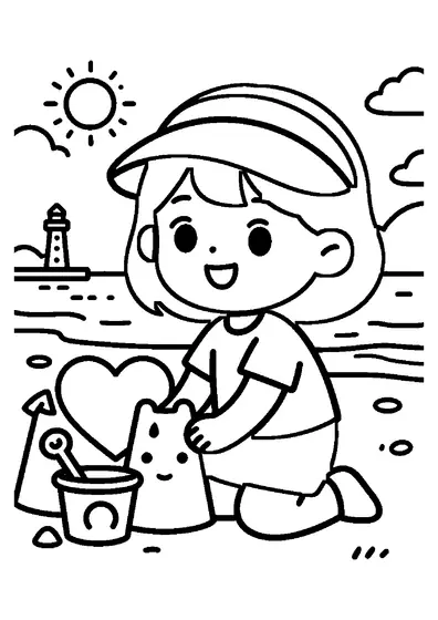 Una niña con sombrero para el sol construye un gran castillo de arena con forma de corazón en una playa soleada junto al mar.