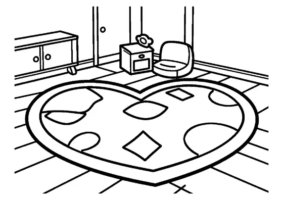 Un grand tapis en forme de cœur orné de vagues et de losanges dans une salle de jeux joyeuse.