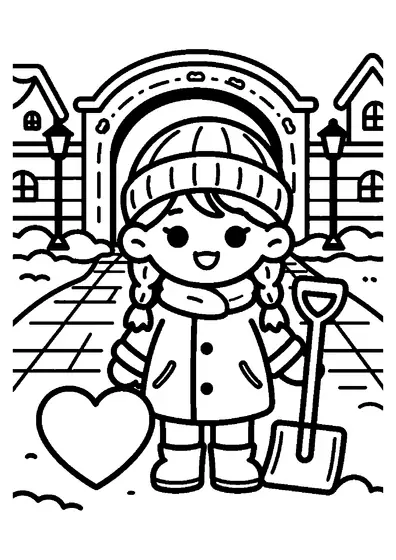 Une petite fille façonne un immense cœur de neige dans une cour urbaine en hiver.