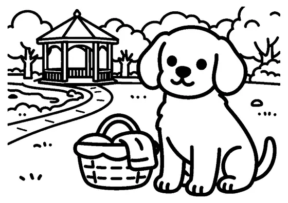 Un chiot est assis près d’un grand panier en forme de cœur, à côté d’un kiosque dans un parc.