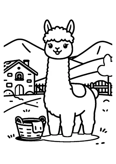 Una alpaca junto a una cesta de lana en el patio de piedra de una granja de montaña.