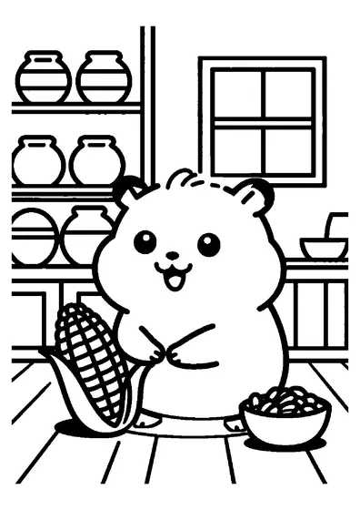 Ein flauschiger Hamster mit einem Maiskolben in einer ländlichen Speisekammer – Ausmalbild zum Ausdrucken.