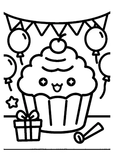 Ένα χαριτωμένο cupcake με κρέμα και κεράσι, περιτριγυρισμένο από δώρα και μπαλόνια.