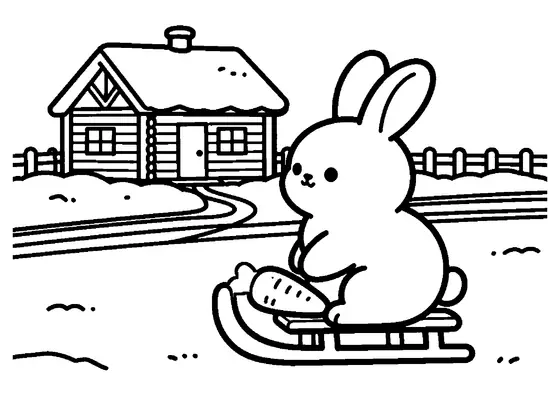 A fluffy bunny sits beside a sled and a carrot in a snowy yard outside a wooden cabin.